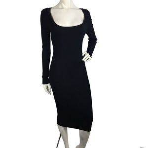Fora Midi Ribbed Fitted Sweater Dress Scoop Neck Black M